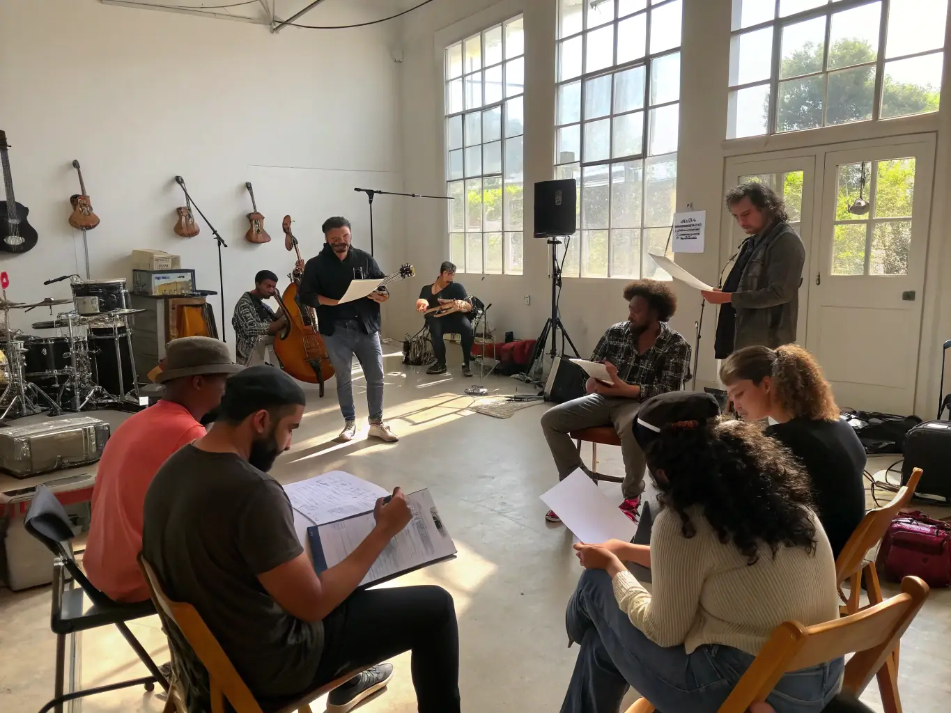 An image of a music workshop with young artists practicing on stage, engaging with a mentor, showcasing the Artist Development Program.