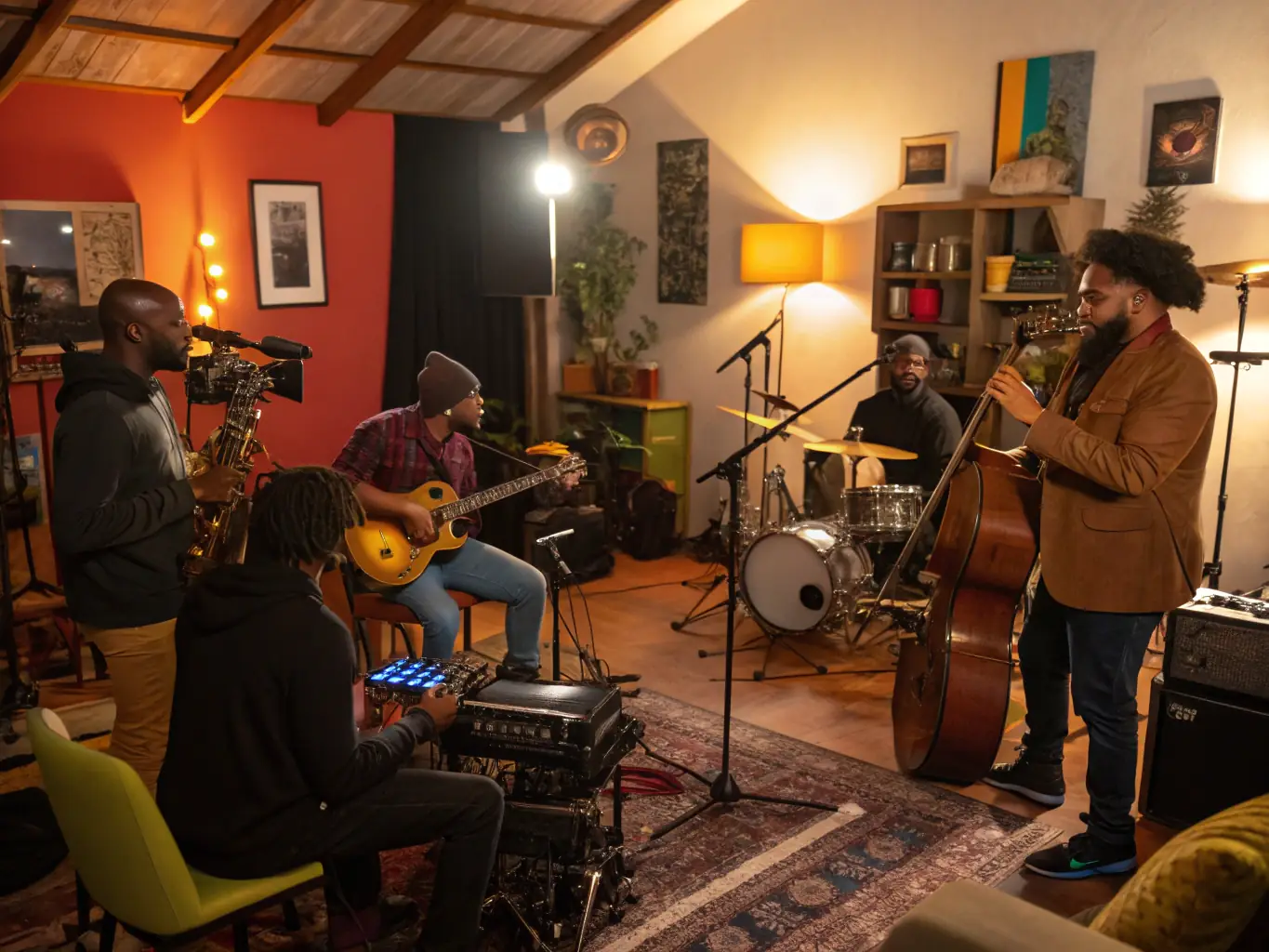 A collaborative image of musicians networking and collaborating during a music industry event, highlighting the importance of connections.