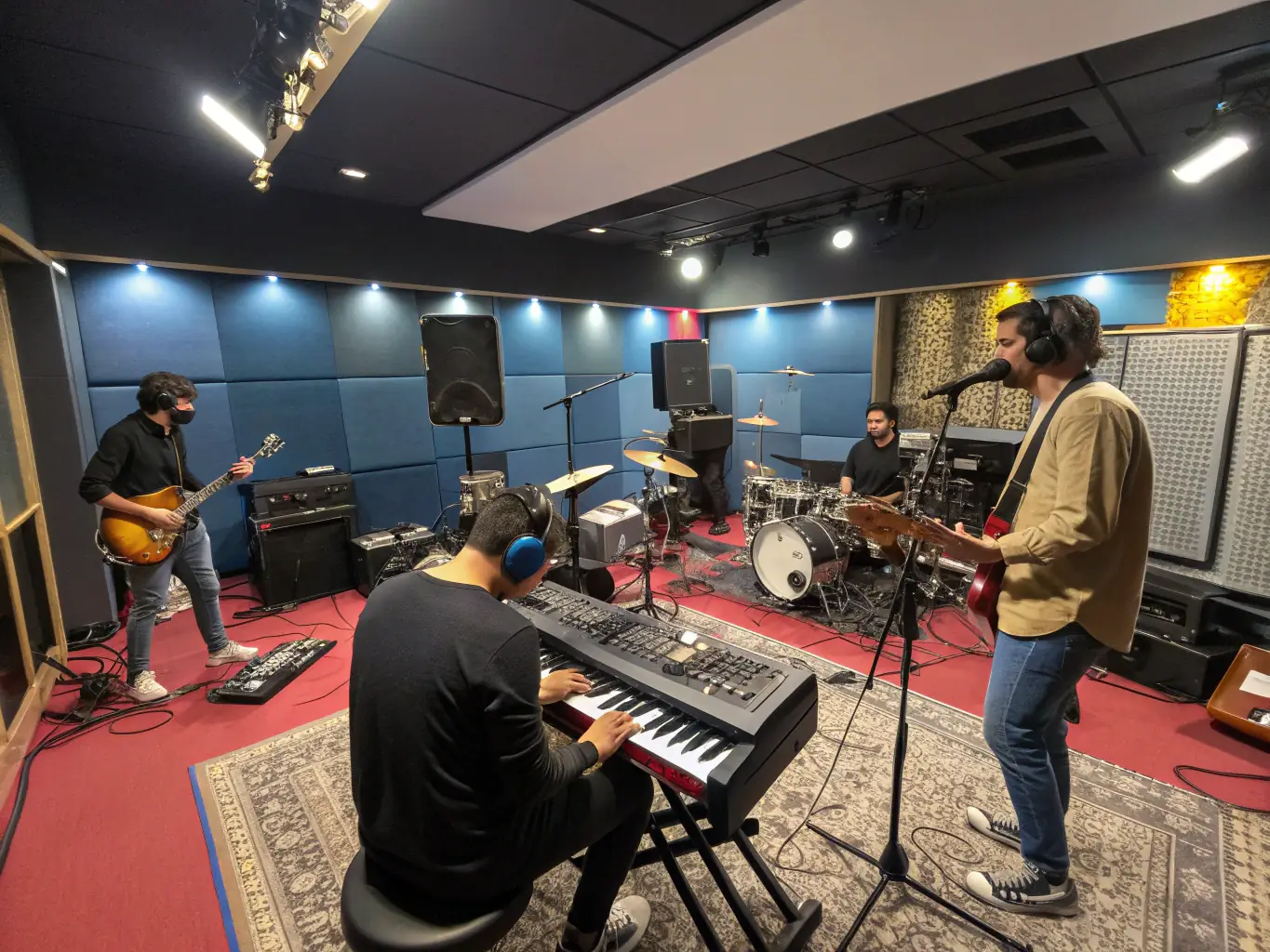 A vibrant image showcasing a band rehearsing in a well-equipped studio, capturing the energy and collaborative spirit of ARA's support services.