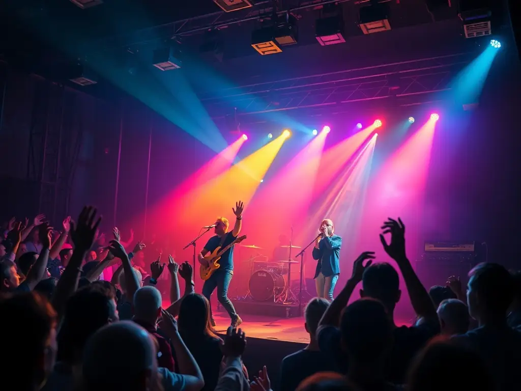 A vibrant image of a band performing live on stage at a local music venue, capturing the energy and excitement of a live performance.